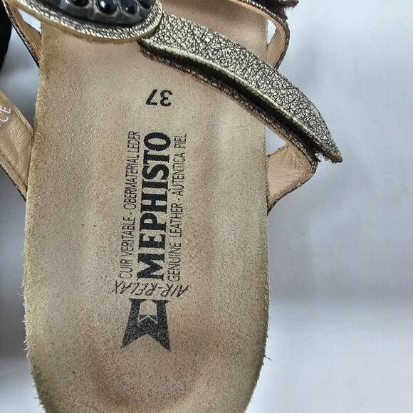 MEPHISTO STRAPPY SANDALS GOLD LEATHER BLACK CHARM WEDGE HEELS 37 US SIZE 7 - Picture 4 of 8
